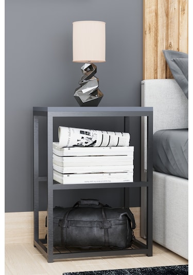 Metal Ayaklı Dekoratif Tel Raflı Komodin Antrasit Gri Antrasit