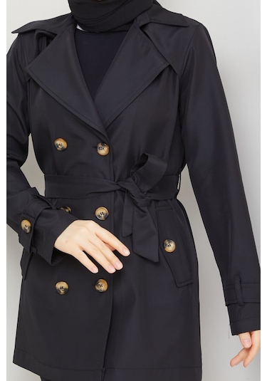 Kadın Degaje Kuşaklı Yarım Boy Astarlı Uzun Kollu Döğmeli Trençkot Siyah Siyah