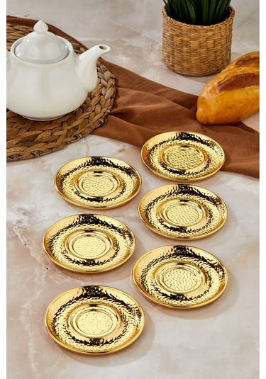 Cooker 6'lı Metal Dövme Desen Çay Tabağı Gold Ckr3577 Gold