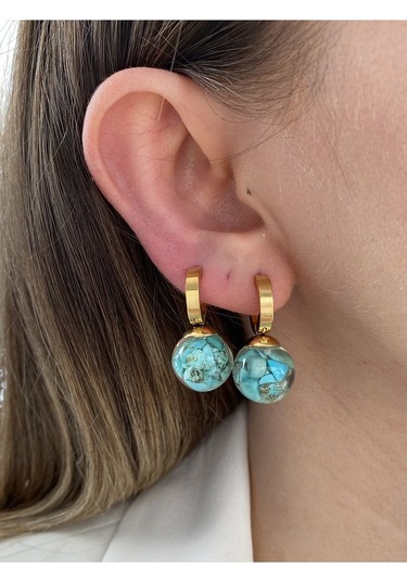 Mavi Taşlı Yuvarlak Sallantılı Çelik Kararmaz Gold Kaplama Küpe Ç