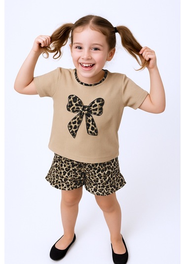 Kız Çocuk Şort Etek Takım Leopar Baskılı Fırfırlı B1 Taba
