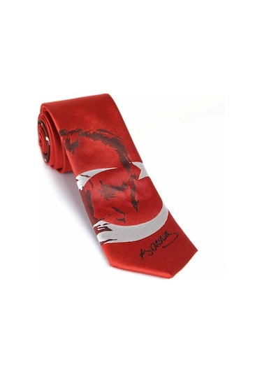 Ay - Yıldız ve Atatürk Desenli Dokuma Kırmızı Kravat - Ak-06 Kırmızı