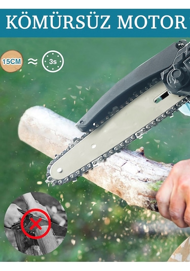 Rowermax Kömürsüz Motor Otomatik Yağlamalı Çift Pala-zincir Dal Budama Akülü Ağaç Kesme Testere