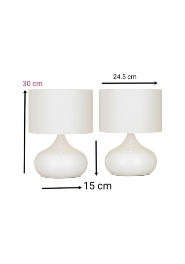 2 Adet Beyaz Elips Masa Komidin Vitrin Abajur Beyaz Kumaş Başlık Beyaz Metal Ayak Beyaz