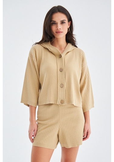 Peraluna Mujo Cardıgan & Shorts %100 Pamuk Kadın Triko Şort Takım Bej