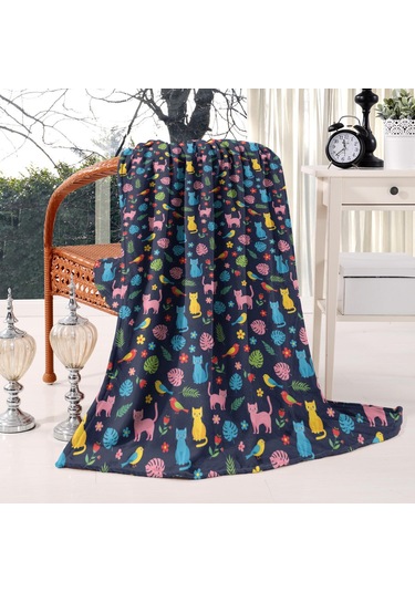 Cat Desenli 40x50 İnç Flanel Polar Battaniye, Yumuşak, Kalın, Tüm Mevsimler-a55 Cat Tropical Dark
