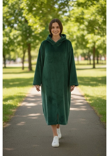 Serona Wellsoft Peluş Kapüşonlu Uzun Panço Yumuşak Dokulu Giyilebilir Tv Battaniyesi Z.yeşil S/m Zümrüt Yeşili