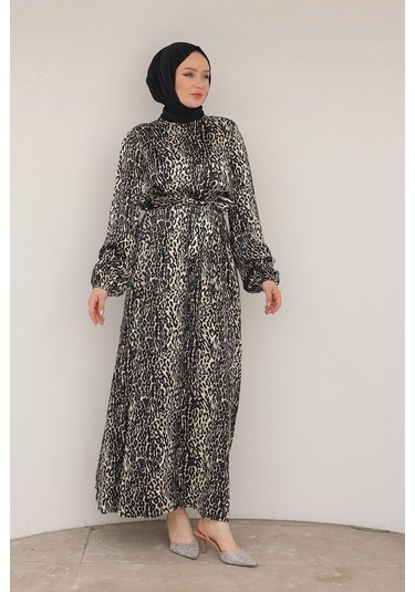 Armine Trend Leopar Desenli Beli Kemerli Elbise Siyah 24kt904 Siyah