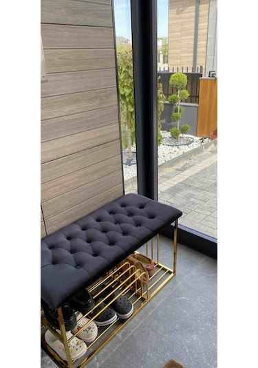 Kapitoneli Kapı Önü Metal Puf Bench Ayakkabılık Mavi