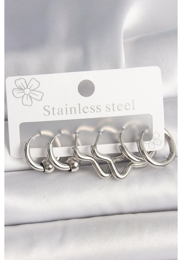 316l Çelik Gümüş Renk Halka Yıldız Model Kadın Küpe Seti Çok Renkli