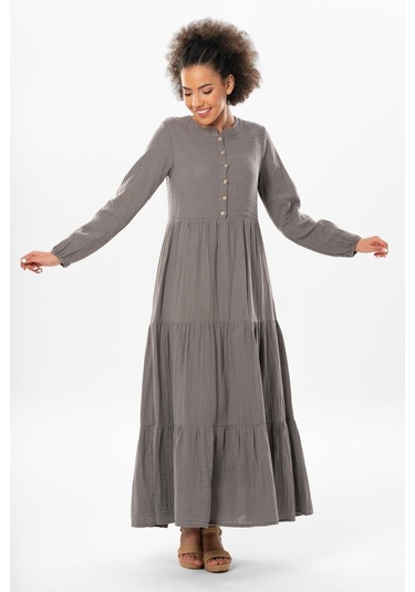 Uzun Kol Akay Uzun Düğme Detay Yazlık Müslin Elbise Gri Gri-gri Gri