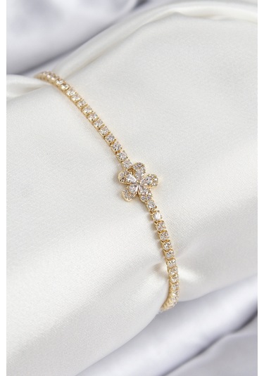 Pirinç Zirkon Taşlı Çiçek Model Gold Renk Kadın Bileklik Altın