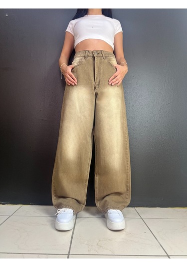 St.poll Vintage Eskitme Yıkama Unisex Baggy Jean Pantolon Vintage Vizon