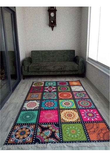 Kaymaz Taban Yıkanabilir Halı Kilim Yolluk Dijital Baskı Çok Renkli