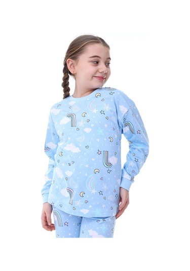 Kız Çocuk Gökkuşağı Desenli Uzun Kollu Pijama Takımı-1076 Mavi
