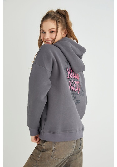Hello Kitty Lisanslı Baskılı Kapüşonlu Sweatshirt Renkli