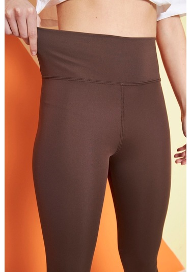 Kahverengi Yüksek Bel Sıkılaştırıcı Toparlayıcı Kışlık Şardonlu Dalgıç Kumaş Spor Günlük Tayt Kahverengi