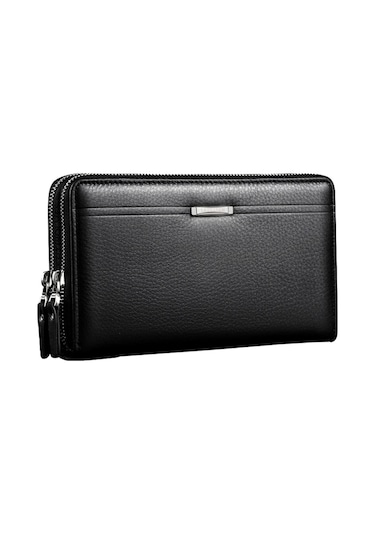 Sones Leınasen A80 Çoklu Kart Erkek El Çantası Çift Fermuarlı Büyük Kapasiteli Cüzdan Siyah