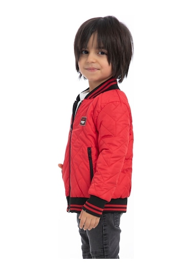 Erkek Çocuk Kırmızı Kolej Yaka Içi Astarlı Su Ve Rüzgar Geçirmez Fermuarlı Cep Mont Ceket Kırmızı