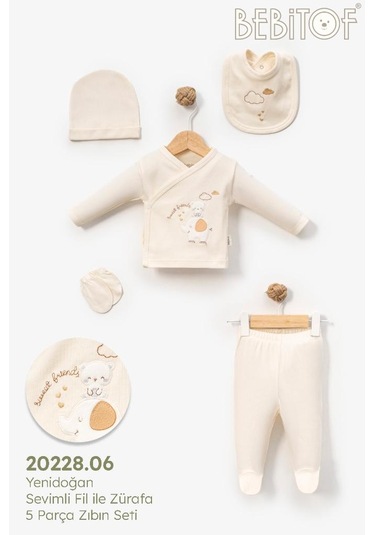 Bebitof %100 Pamuk Sevimli Fil İle Zürefa Desenli 5 Parça Yenidoğan Hastane Çıkışı Zıbın Seti Bbtf.grı.20228.06 Gri