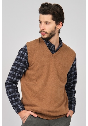 Arslanlı Erkek Lambswool V Yaka Süveter 0767991 Oranj-Kahve Melanj