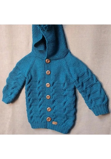 Uretti - Talia 8659 - 7872 El Örgüsü Mavi Kapüşonlu Erkek Çocuk Hırka - 2 / 3 Yaş Petrol Mavi