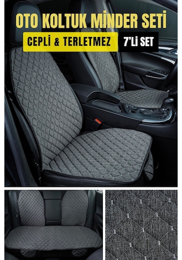 Terletmez Kaymaz Keten Oto Minder Kılıf Seti Gri 7 Parça
