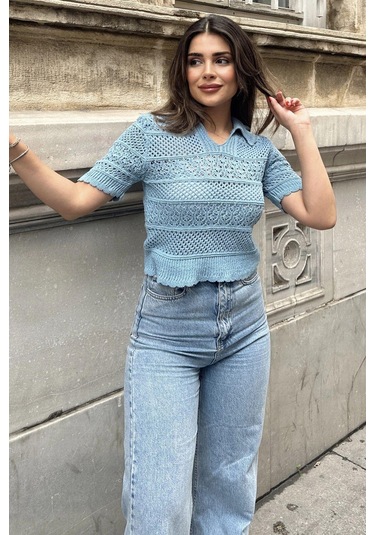 Kadın Mavi Ajurlu Merserize Triko Örme, Terletmez, Salaş Kalıp, Polo Yaka Bluz Mavi