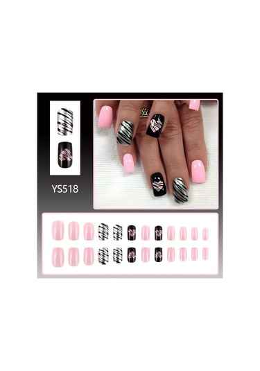 Kısa Günlük Bahar Manikürü Aşk Kontrast Renk Tırnak Siyah Pudra Çizgisi Tatlı Serin Parlak Takma Tırnak 24 Parça Dahil Araçlar Ys518