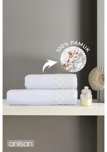 2'li Gri, Sarı Noktalı Havlu Set %100 Pamuk - 1 Adet El Havlusu 50x90 - 1 Adet Banyo Havlusu 70x120 Gri
