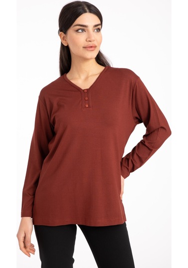 Kadın Orta Yaş ve Üzeri Dört Mevsim V Yaka Rahat Kalıp Likralı Viskoz Anne Penye Bluz 140-Taba
