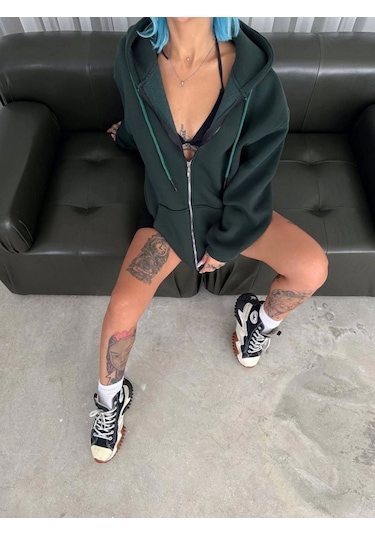 Leyla Sanat Sanata Yeni Bir Bakış Açısı Oversize Tam Fermuarlı Uzun Kol Hırka - Haki Haki