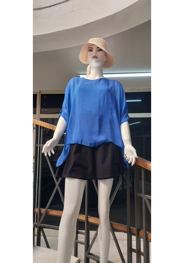 İtalyan Yarasa Kollu İpek Bluz Saks Mavi