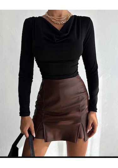 Esa35takı Degaje Yaka Drapeli Uzun Kollu Slim Fit Bluz Siyah