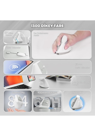 İ300 Kablosuz Ergonomik Dikey Mouse- 84gr-sessiz Tıklama- 57 Açı-16.000 Dpı Diğer