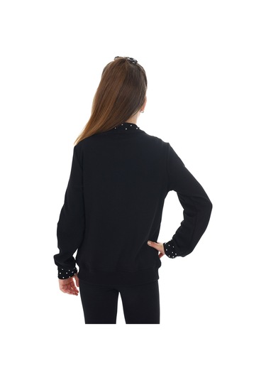 Toontoy Kız Çocuk Kolej Yaka Fermuarlı Cepli Boncuk İşlemeli Örme Hırka - 2 İplik Siyah