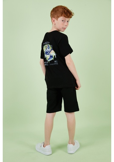 Lela Pamuklu Baskılı Bisiklet Yaka Kısa Kollu Şortlu Erkek Çocuk Takım 6212010 Siyah