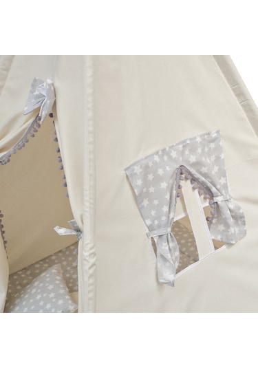 Exorbaby Lüks, Büyük Boy, Ahşap ve Pamuklu Naturel Kumaş, Toplanmaz, Devrilmez, Puf Minderli Oyun Çadırı Gri