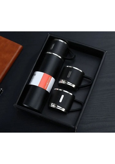 Paslanmaz Çelik Vacuum Termos 3 Bardaklı Siyah 500ml Termos Seti Siyah