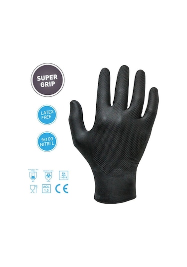 Siyah Nitril Eldiven Balık Sırtı Punta Super Grip Bl