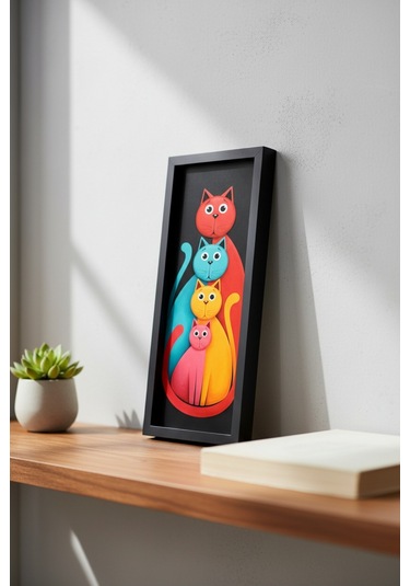 Modern Renkli Kedi Tablosu 25x60 Cm Çerçeveli Minimal Duvar Dekoru