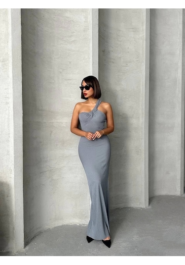 Tek Omuz Pliseli Elbise Gri