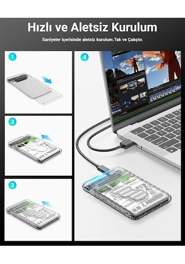 Orico Usb3.2 Gen2 6gbps Type-c 2.5 İnch Sata Ssd Hard Disk Kutusu Şeffaf