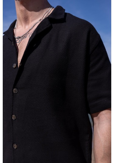 Siyah Renk Gömlek Şort Erkek Keten Takım-1745 Siyah