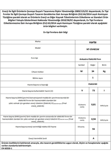 Narte NT-OV401W 73 L Ankastre Fırın Beyaz