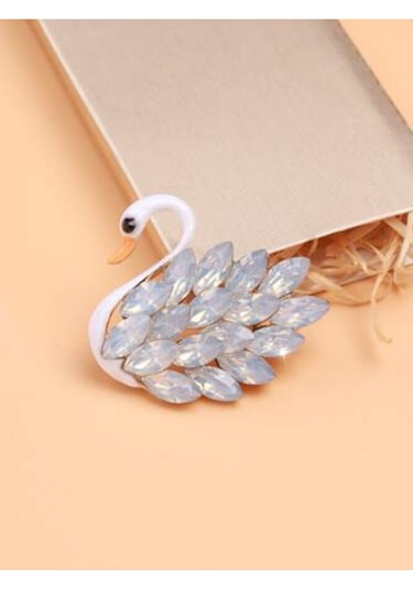 Mekik Taşlı Mineli Kuğu Broş-4.5 Cm Beyaz