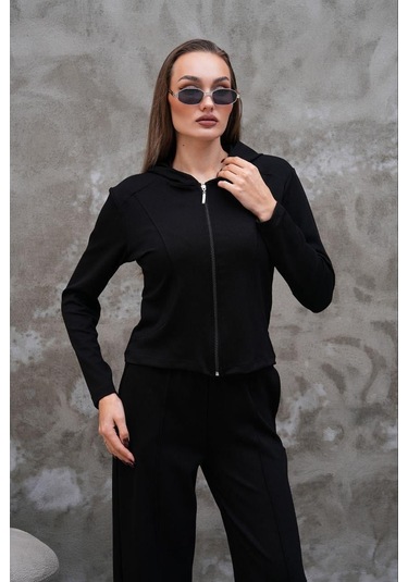 Elaxi Modal Kumaş Slim Fit Kapüşonlu İkili Takım Siyah