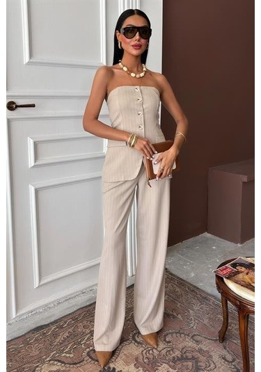 Straplez Büstiyerli Plazzo Pantolonlu Çizgili Takım 10151 Bej