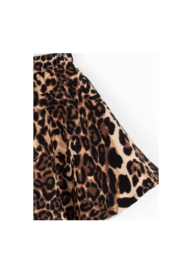 Kız Çocuk Beli Lastikli Tütü Leopar Desenli Kloş Etek-14742 Kahverengi