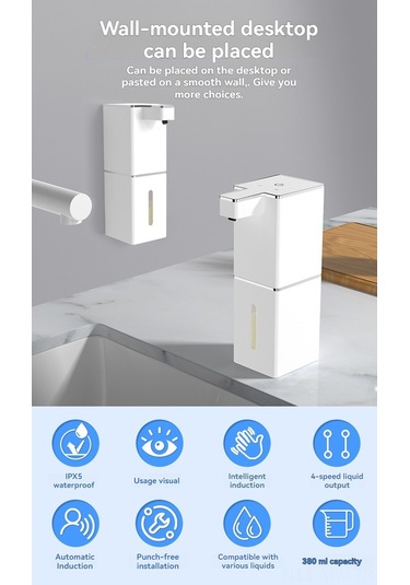 Moveevo Beyaz Duvar Montlu Otomatik Sensörlü Köpük Sabun Dağıtıcı, Dokunsuz Kullanim, 4 Seviye Hacim Kontrolü, Ipx5 Su Geçirmez, 380ml Kapasite, P7 Modeli Diğer